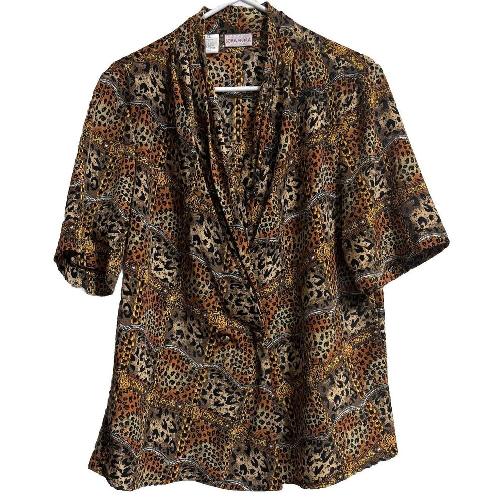 Vintage 80's Button Up Blouse Cheetah Fancy Mob Wives Retro Punk Grunge Size XL